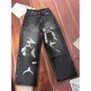 Mens Streetwear Distressed Ripped Denim Jeans With Metal Studs Loose Fit Straight Leg Cotton Blend