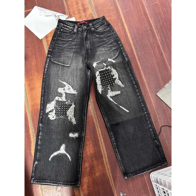Mens Streetwear Distressed Ripped Denim Jeans With Metal Studs Loose Fit Straight Leg Cotton Blend