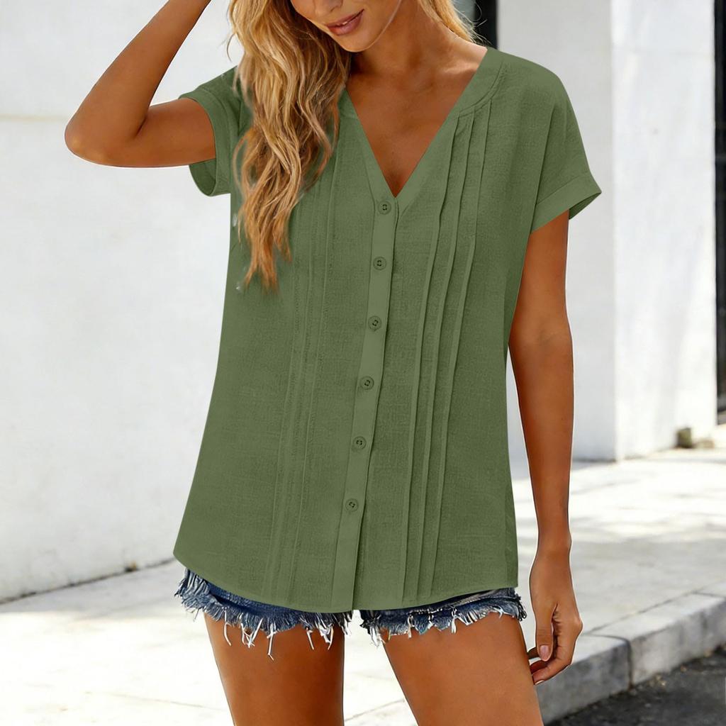 Womens  Tops Short Sleeve Button Down Shirts Casual V Neck T Shirts Pleated Front Loose Fit Tops