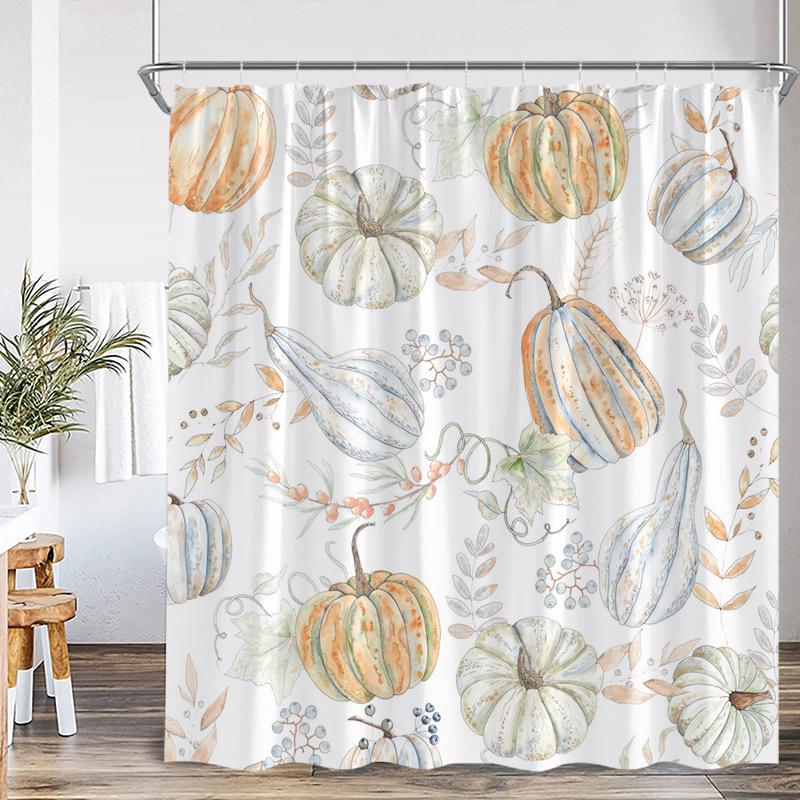 Autumn Pumpkin Shower Curtains Fall Watercolour Plant Leaves Modern Minimalist Polyester Fabric Home Bathroom Decor With Hooks
