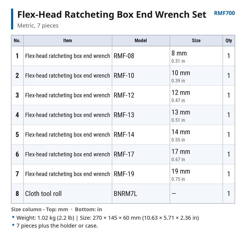 TONE RMF700 Swivel Ratchet Combination Wrench Set, Black, 7-piece set