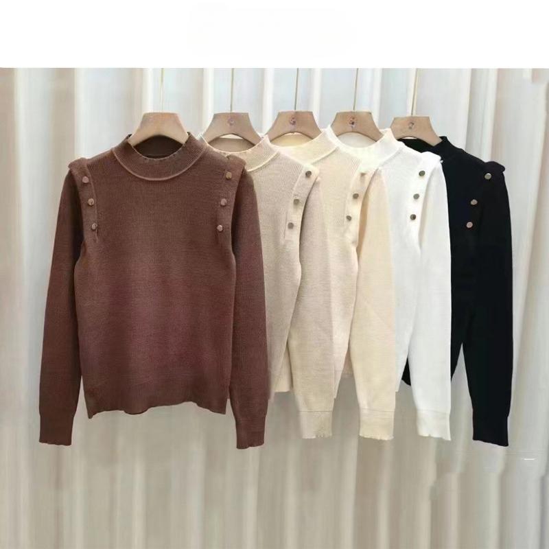 Pull Tricoté Élégant Mode Col Mi-Haut Uni Femmes Automne Décontracté Coupe Slim Manches Longues Pulls Femmes Tops Hiver Chaud Maille de Base 24880