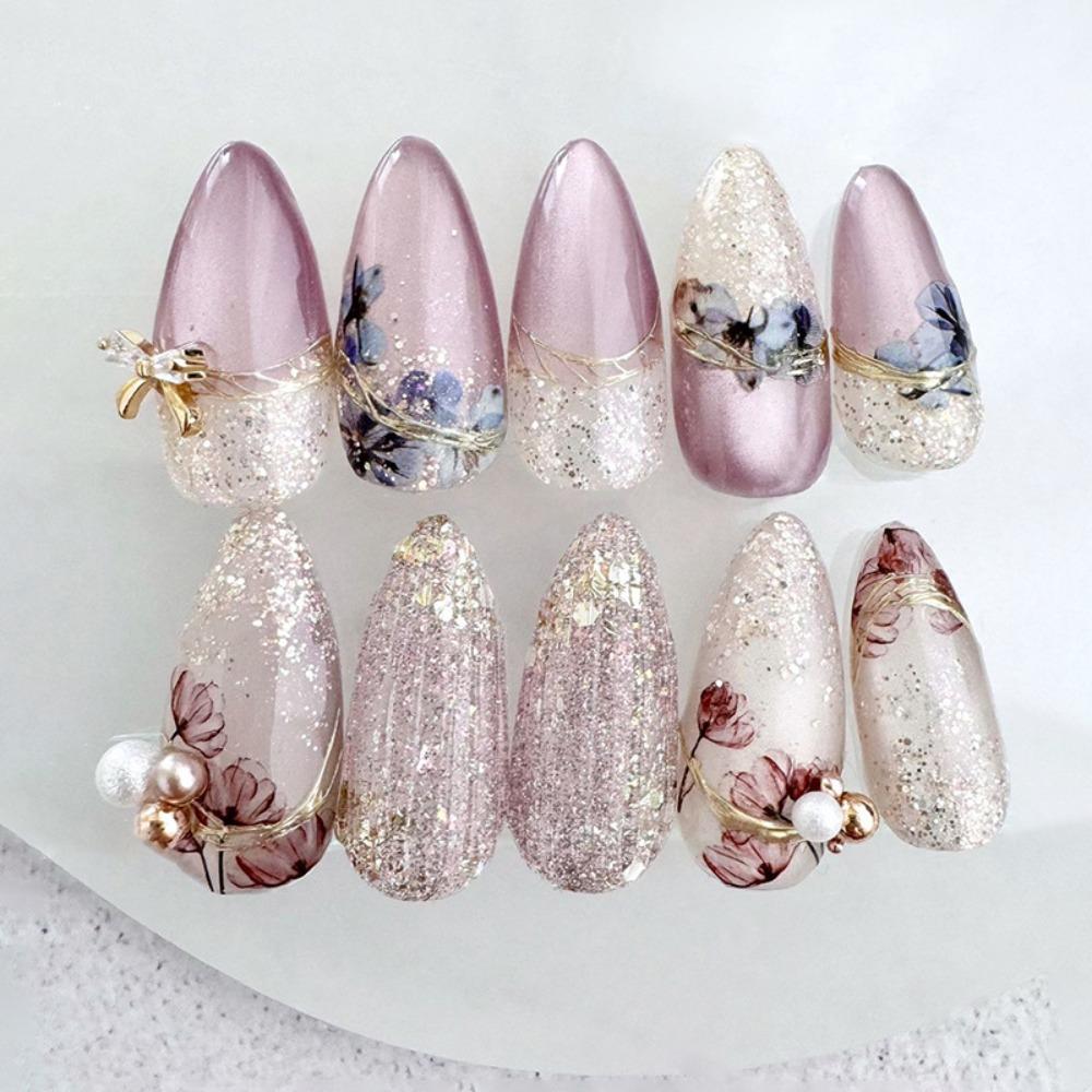 24pcs Pearl bow Fine Glitter False Nails French Press on Nails Manicure Fake Nails Women