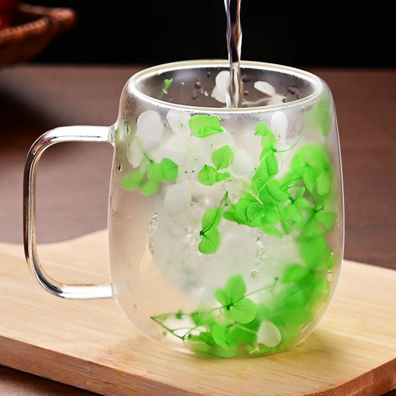 Double Wall Glass Cup 200ml Clear Dried Flowers Milk Tea Coffee Mug with Handle Gifts Friends Home Water Cup Drinking Glasses