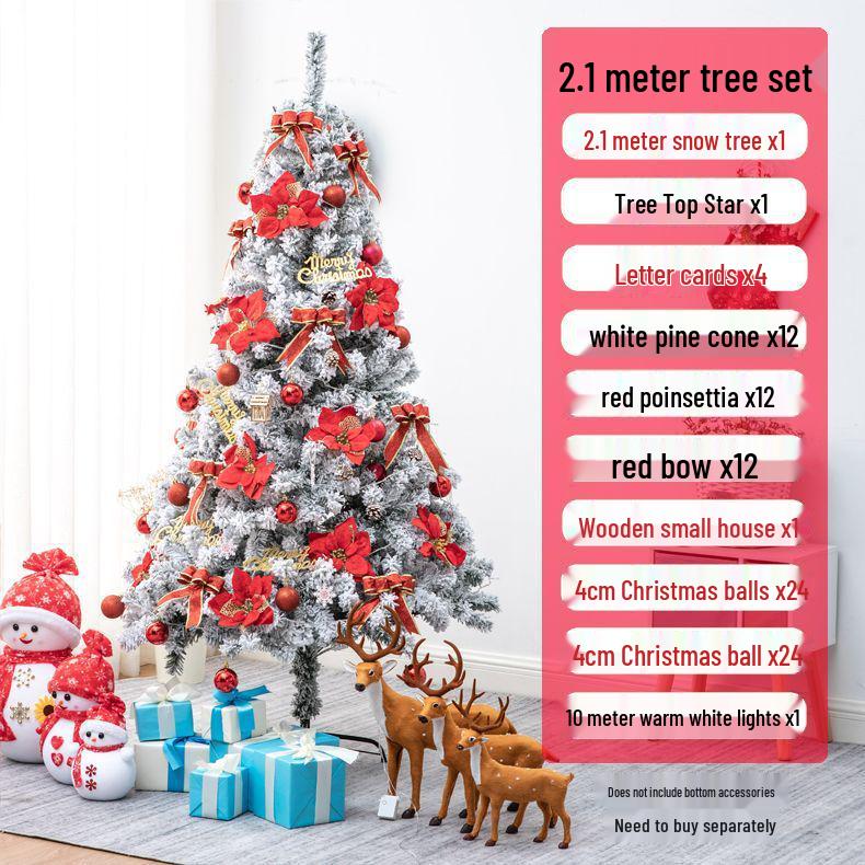 Golden Christmas Tree Set with Ornaments: 1.5m, 1.8m, 2.1m Flocked Pine with White Snow