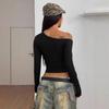 Women Solid One Shoulder Long Sleeve Cropped Tight Casual T Shirt