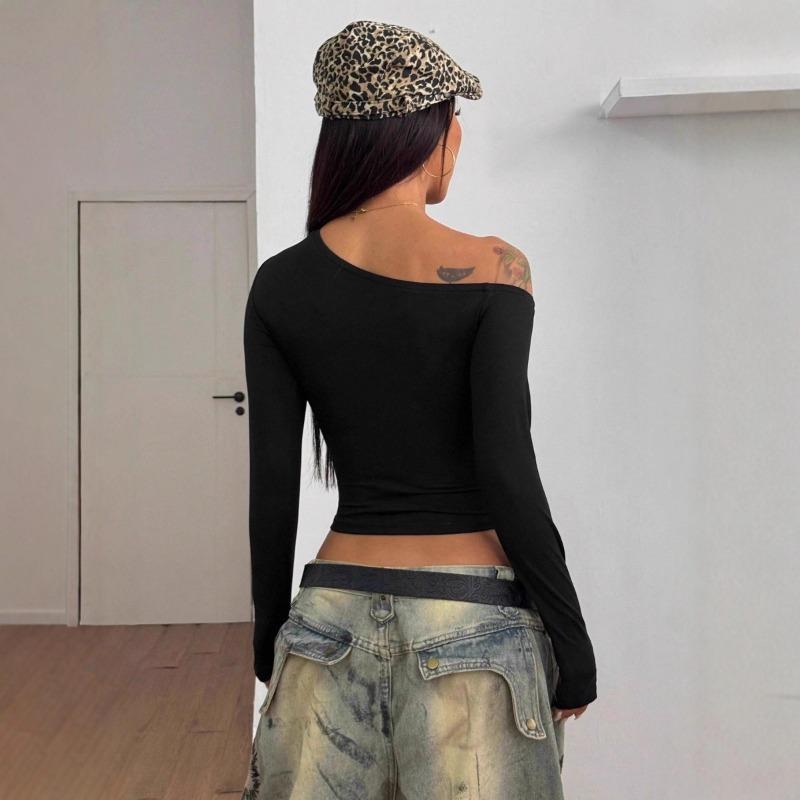 Women Solid One Shoulder Long Sleeve Cropped Tight Casual T Shirt