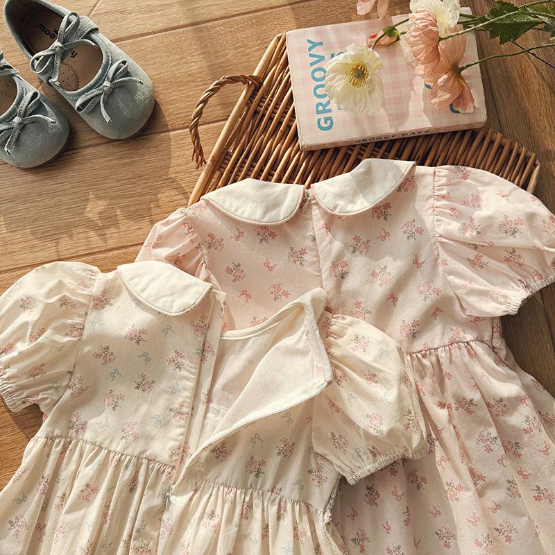 Girls Summer Floral Dress Peter Pan Collar Puff Sleeve Kids Princess Party Dress Casual Cute Sundress