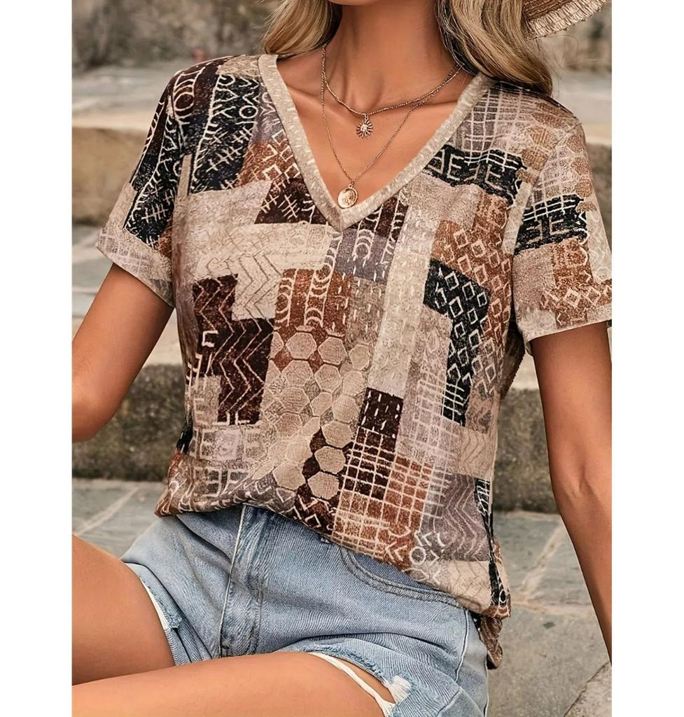 S-8XL Nadměrná velikost Etnické dámské tričko Vintage grafické Módní Krátký rukáv Výstřih do V Oblečení Topy Tričko Léto Ležérní Topy Pulovr
