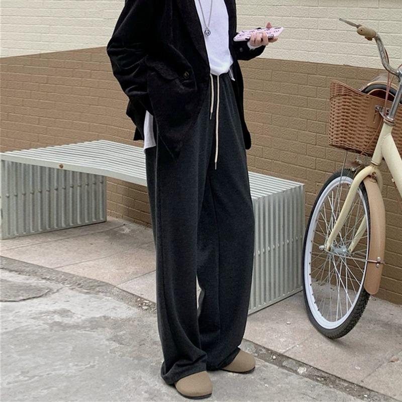 145cm Petite Women's High-Waisted Gray Wide-Leg Pants - Versatile Soft Autumn/Winter Casual Sportswear