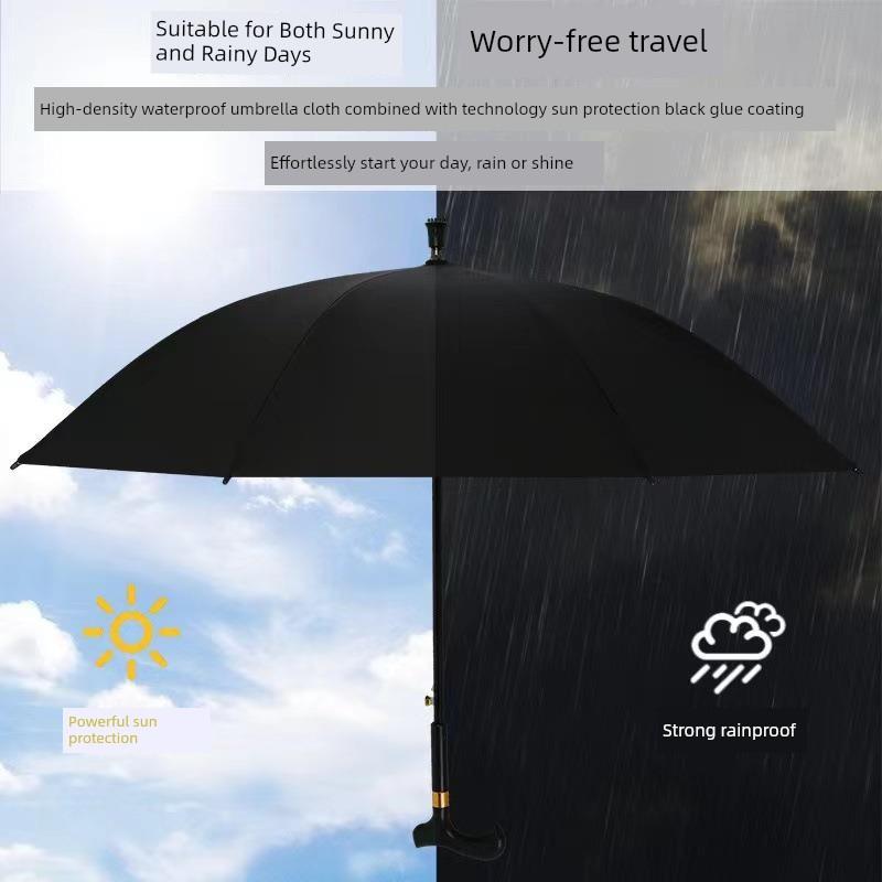 Deštník s holí a zesílenou konstrukcí pro seniory, Dlouhá rukojeť, Dvojí použití pro slunce i déšť, Protiskluzový, Multifunkční turistická hůl, Slunečník