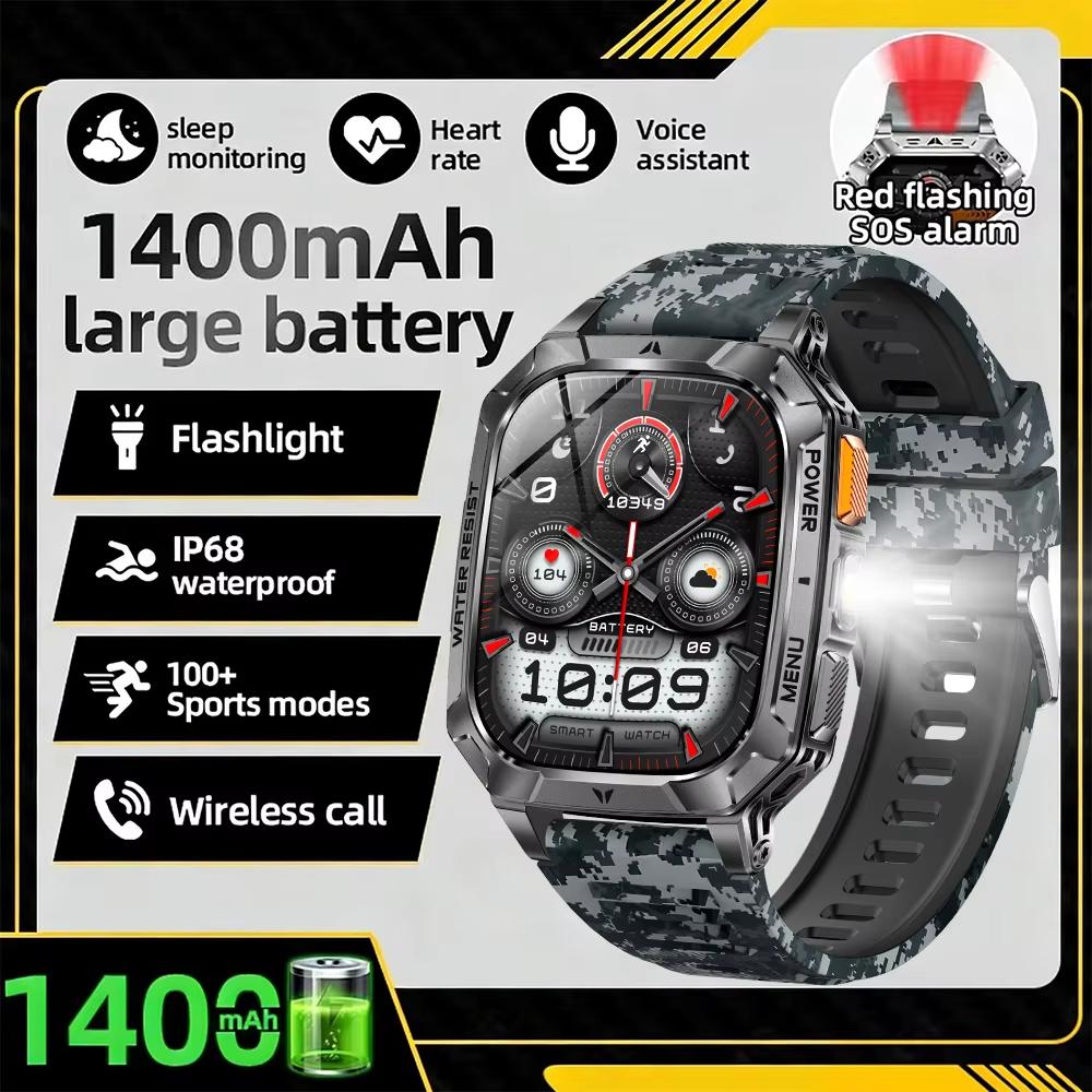 For Android iOS Watch Smart Call Sports Monitor Health Flashlight Waterproof IP68 Men Smartwatch Military Battery 1400 mAh New