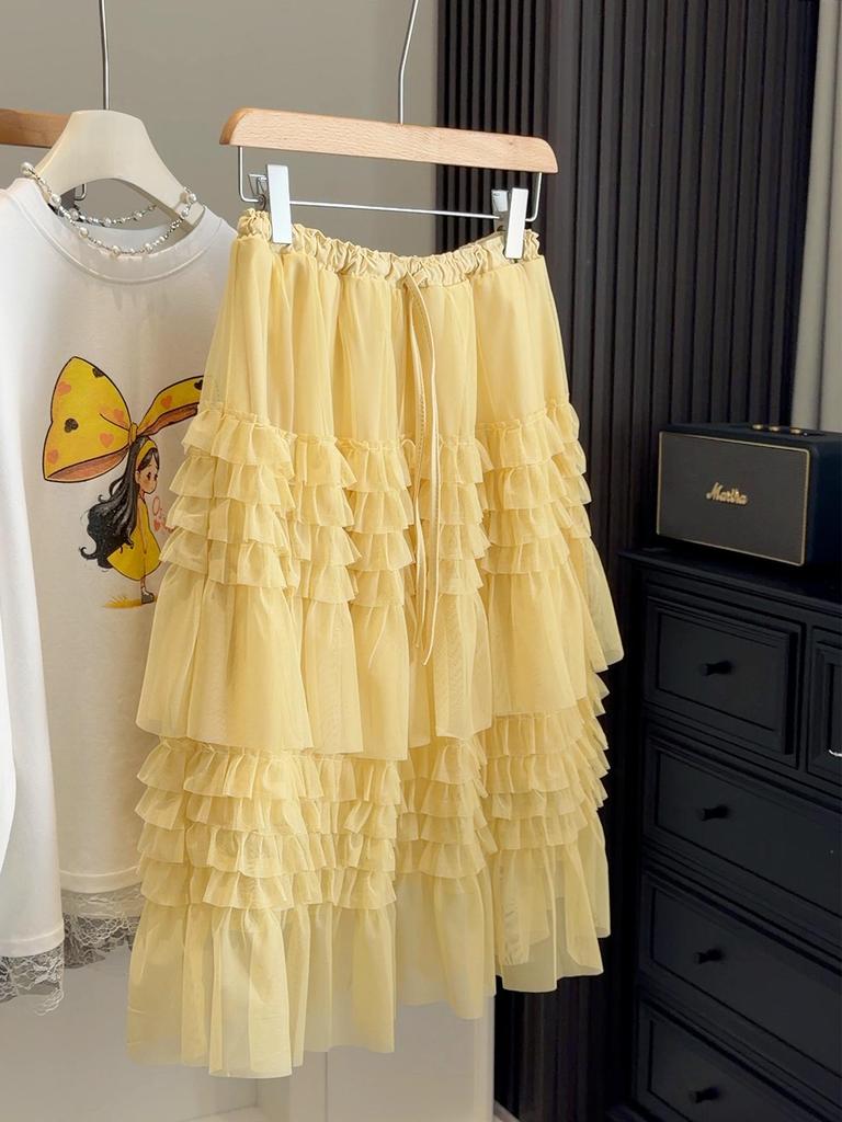 Korean Style Layered Lace Midi Skirt with Elastic Waist - Spring Fluffy Gauze Skirt for Women