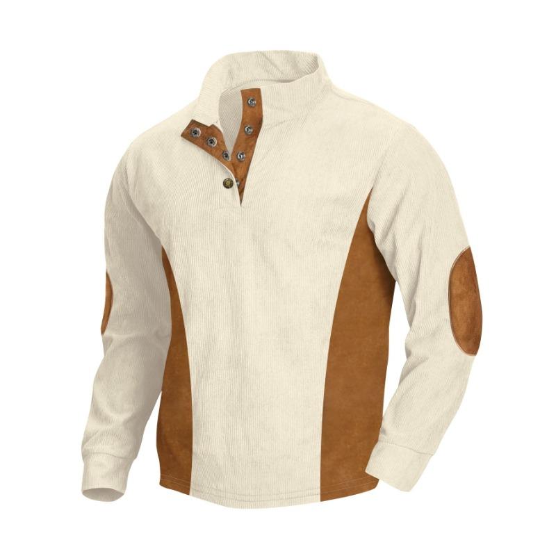 Men Casual Stand Collar Long Sleeve Corduroy Solid Button Polo Shirt S абрикосовый