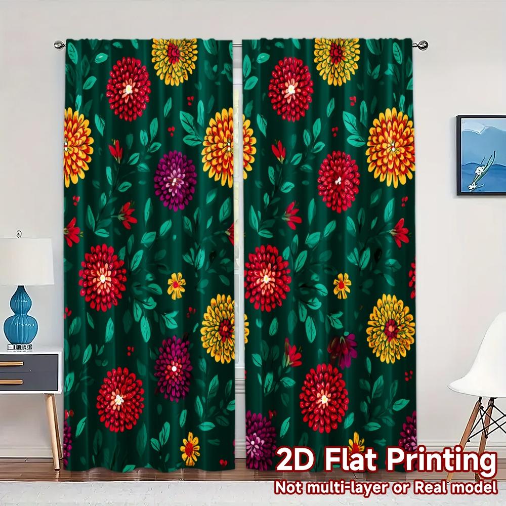

Flat Printing Curtains Without Rod Floral Pattern Green Background April Fools Is Day Festival Popular Curtain Set Of 2 Made Polyester Washable W100*H70(CM)-Grommet top&1PCS