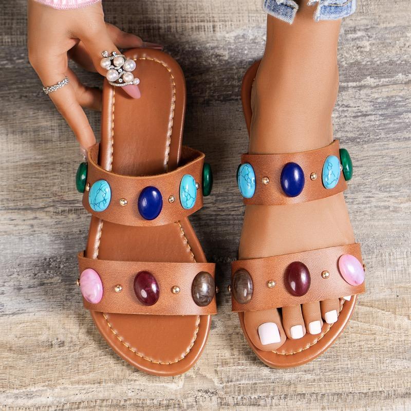 

One-word slippers spring and summer new colored gemstone flat sandals women s rivets beach slippers 45 коричневый
