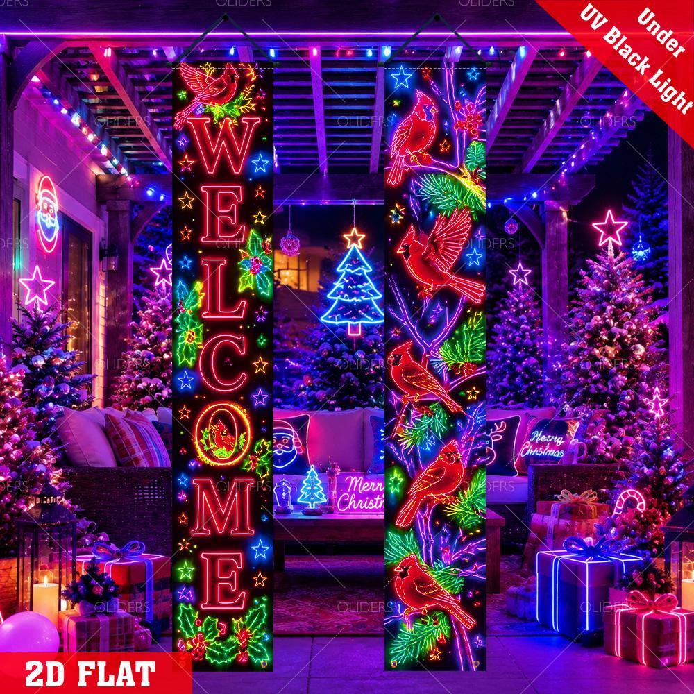 2D Flat, 2pcs UV Activated Christmas Welcome Banner with Red Cardinal & Holly Berries - UV-Sensitive Suitable for Indoor/Outdoor Door Porch Sign, Fron