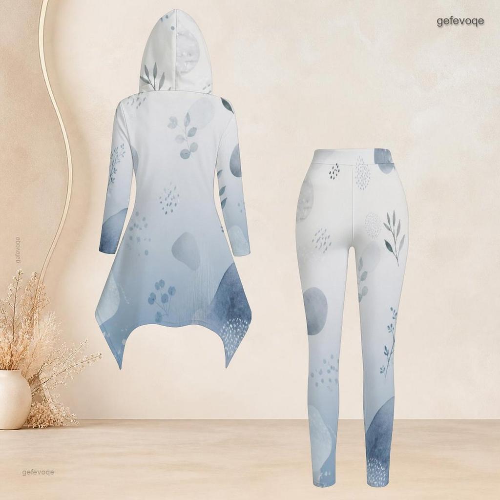 Women Plus Size Printed Hooded Long Sleeve High Low Top And Fitted Pants Two Piece Set
