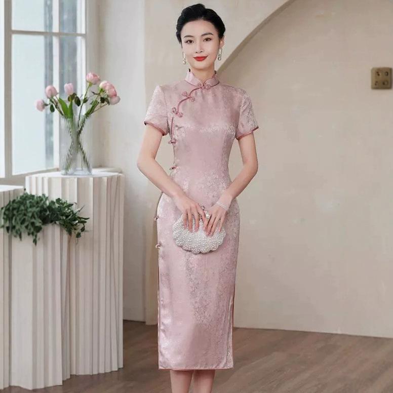 High-end silk cheongsam summer 1011 new jacquard new Chinese-style mulberry silk bride toast cheongsam dress