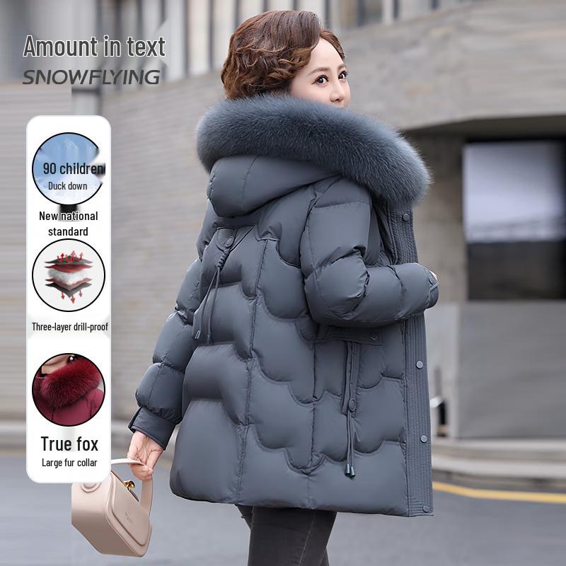 SNOWFLYING Women s Mid-Length Down Jacket with Fox Fur Collar XL