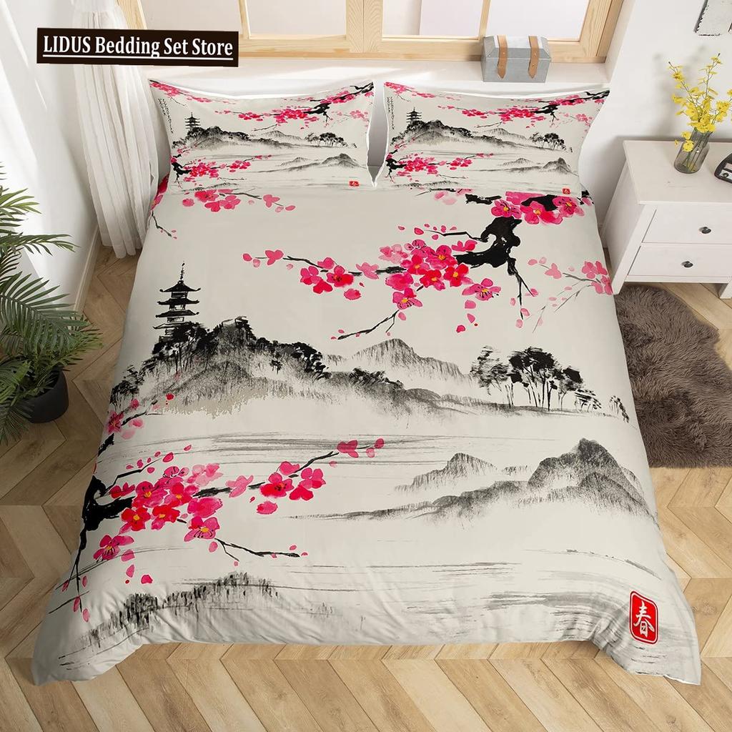 Japanese Duvet Cover Set,Branch Of A Flourishing Sakura Tree Flower Cherry Blossoms Spring Theme Art Japan Bedding Set Full Size