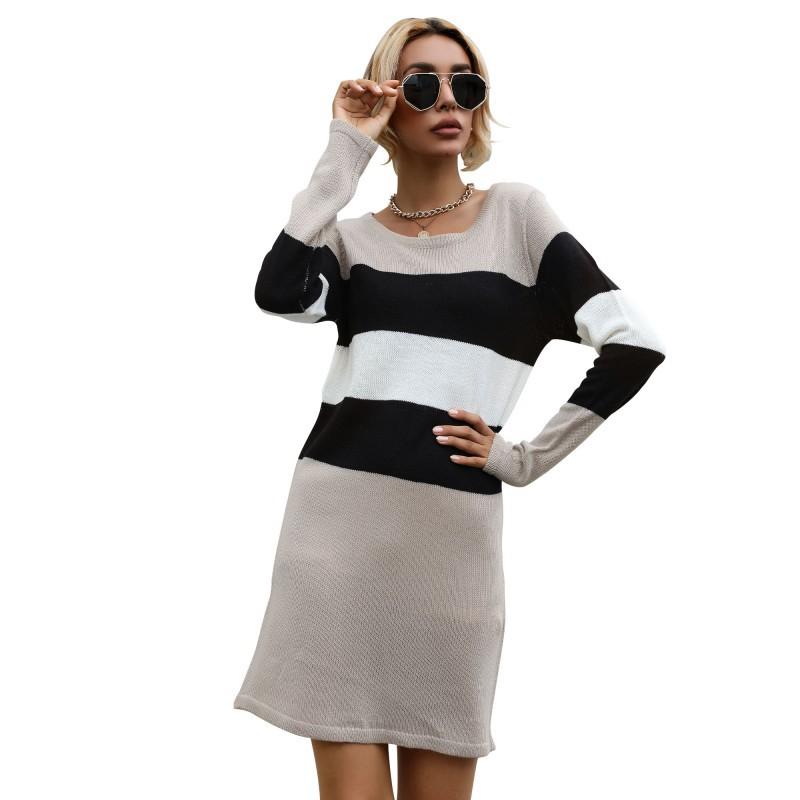 Casual Fashionable and Elegant Autumn and Winter Women's Loose Color Blocking Long Sleeve Bottom Sweater Dresses