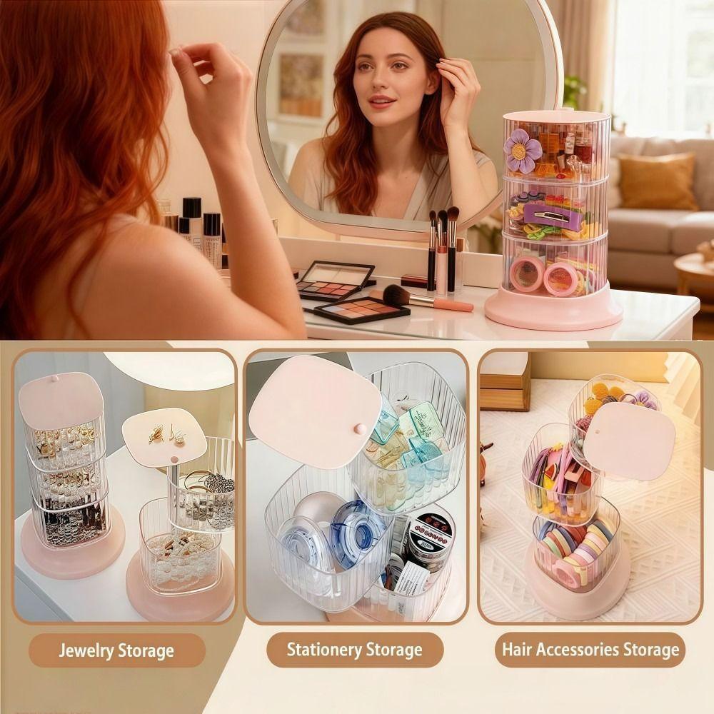 4-Layer Hair Accessory Organizer Transparent Dust-proof Powder Puff Box Rotating Cosmetic Storage Rack Girls' Jewelry Storage