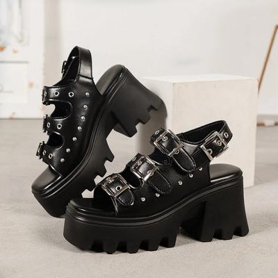 Punk Metal Buckle Platform Sandals Women 2025 Summer Rivet Decor Black Gothic Sandals Woman Plus Size 42 High Heeled Roman Shoes