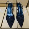Ladies Flower Mesh Open Heel Sandals Shoes Sexy Designer High Heel Pointed Toe Stiletto Pumps Mules women sandals