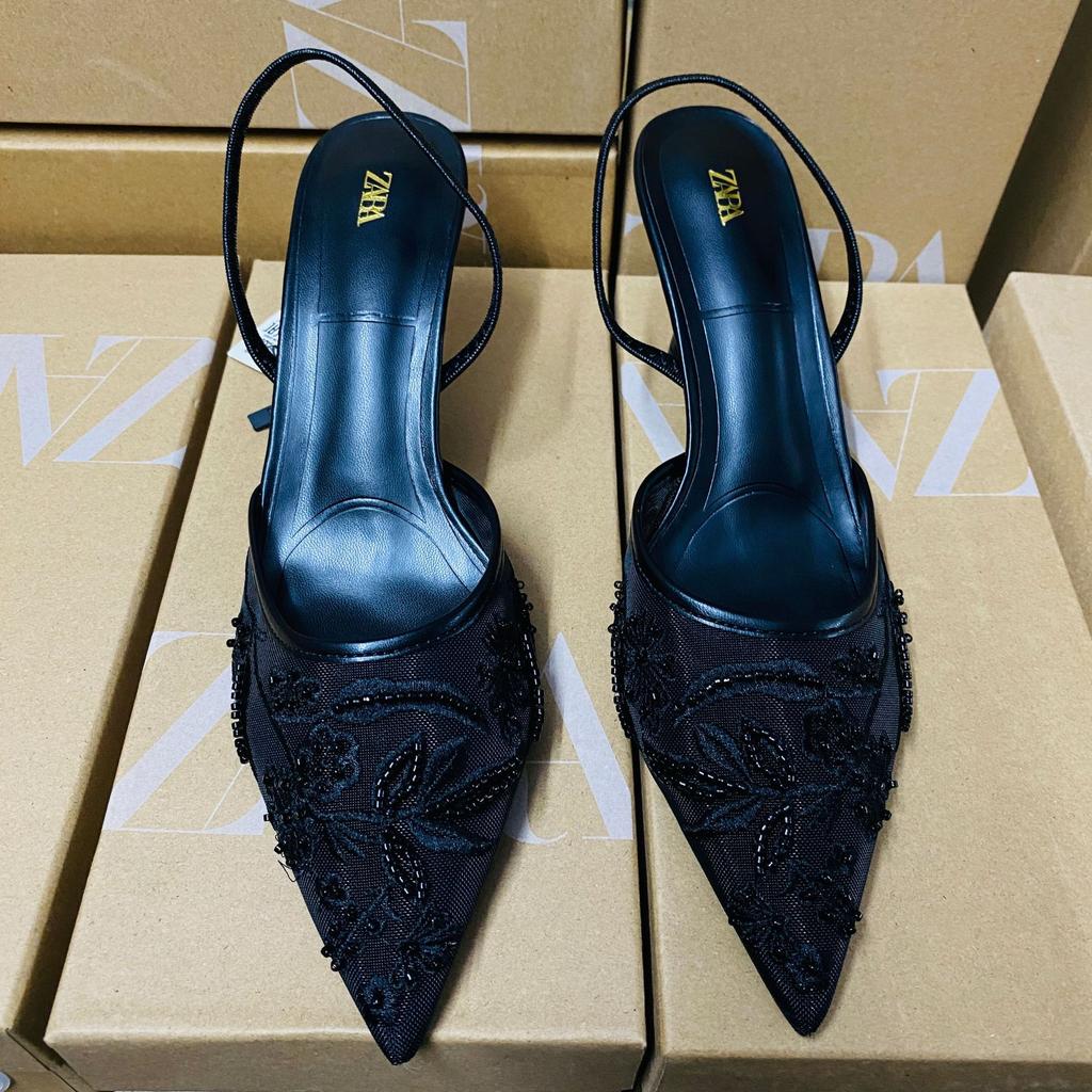 Ladies Flower Mesh Open Heel Sandals Shoes Sexy Designer High Heel Pointed Toe Stiletto Pumps Mules women sandals