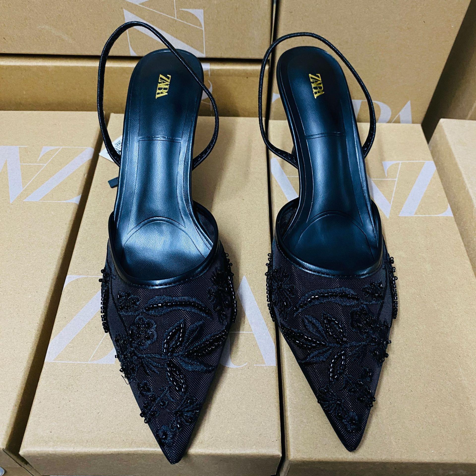 

Женские сандалии-мюли с открытой пяткой из сетки с цветочным узором, обувь, сексуальные дизайнерские туфли-лодочки на высоком каблуке-шпильке с острым носком, женские сандалии 35 чёрный