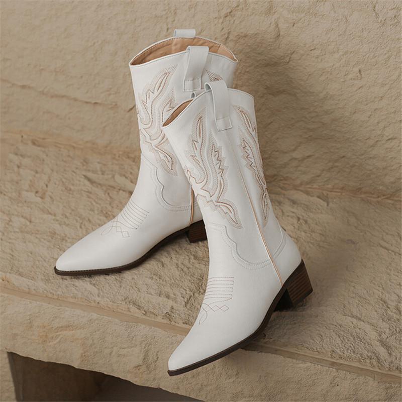 Fashion Autumn Winter Split Leather Women Boot Fashion Embroidery PointedToe Boots for Women Mid-calf Boots Botines Mujer Knight Boots