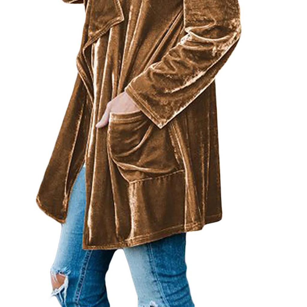 Damen Uni Langarm Samtjacke Offene Vorderseite Strickjacke Mantel mit Taschen Oberbekleidung