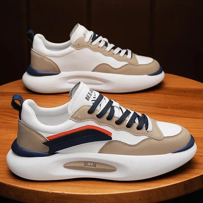 European Men Fashion Genuine Leather Casual Sport Shoes Cool Chunky Sneakers Young Man Street Thick-soled Trainers
