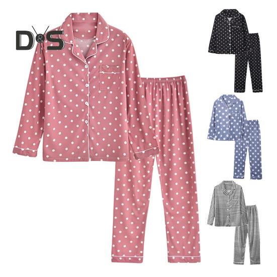 2 Pçs/set Pijamas Terno Estampado Bolinhas Cardigan Camisa Decote Em V Gola Redonda Camisa Perna Larga Calças Soltas Camisola Terno Pijamas