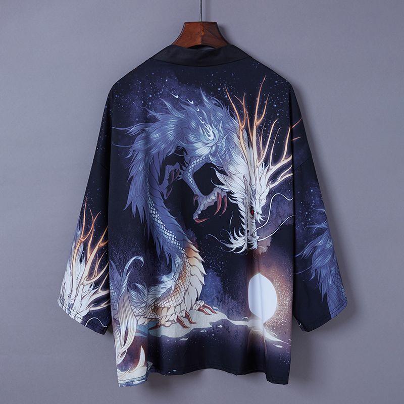 

Japanese Style Ukiyo-E Carp Print Haori Chinese Style 3/4 Sleeve Improved Hanfu Kimono Cardigan Summer Sun Protective Clothes Black flying dragon play beads Ordinary: free size