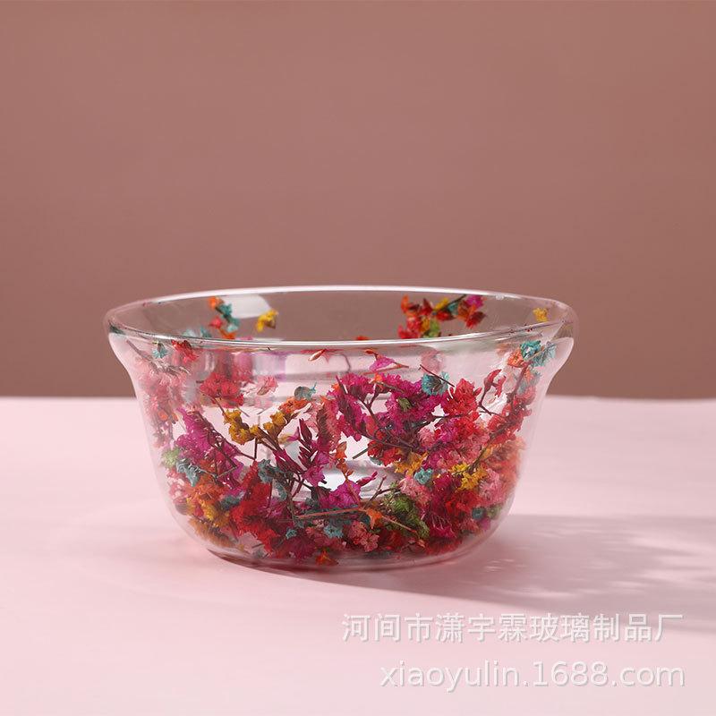 

Double Layer Glass Salad Bowl with Real Flower Heat Resistant Borosilicate for Home Kitchen