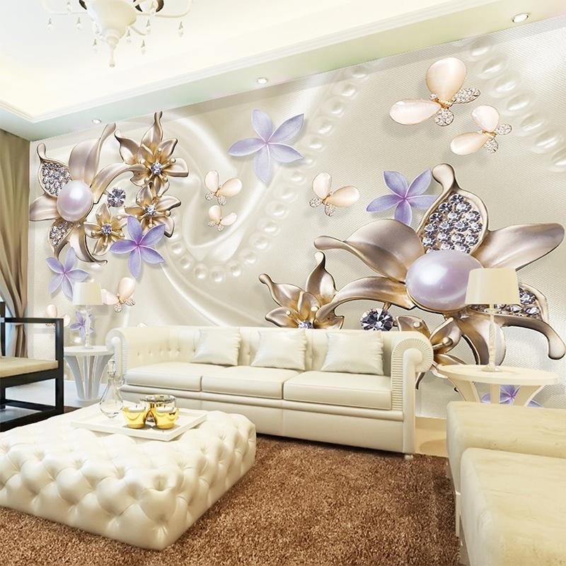 European Style 3D Stereo Pearl Diamond Butterfly Flower Photo Murals Wallpaper Living Room TV Sofa Backdrop Wall Murals