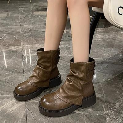 Women's Mid-calf Boots Classic Solid Color British Style Low-heeled Motorcycle Boots PU Leather Pleated Designer Botas Femininas