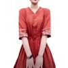 Retro Ethnic Embroidered Cotton Jacquard Midi Dress - Slim Fit, Cinched Waist, Trendy Summer Style
