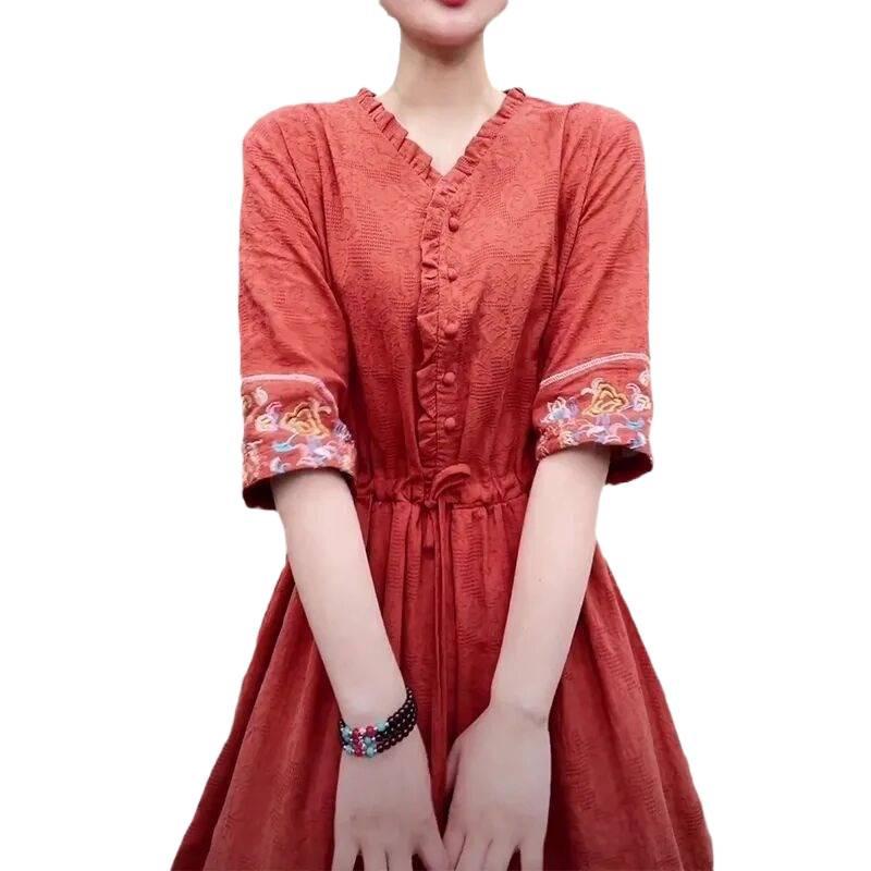 Retro Ethnic Embroidered Cotton Jacquard Midi Dress - Slim Fit, Cinched Waist, Trendy Summer Style