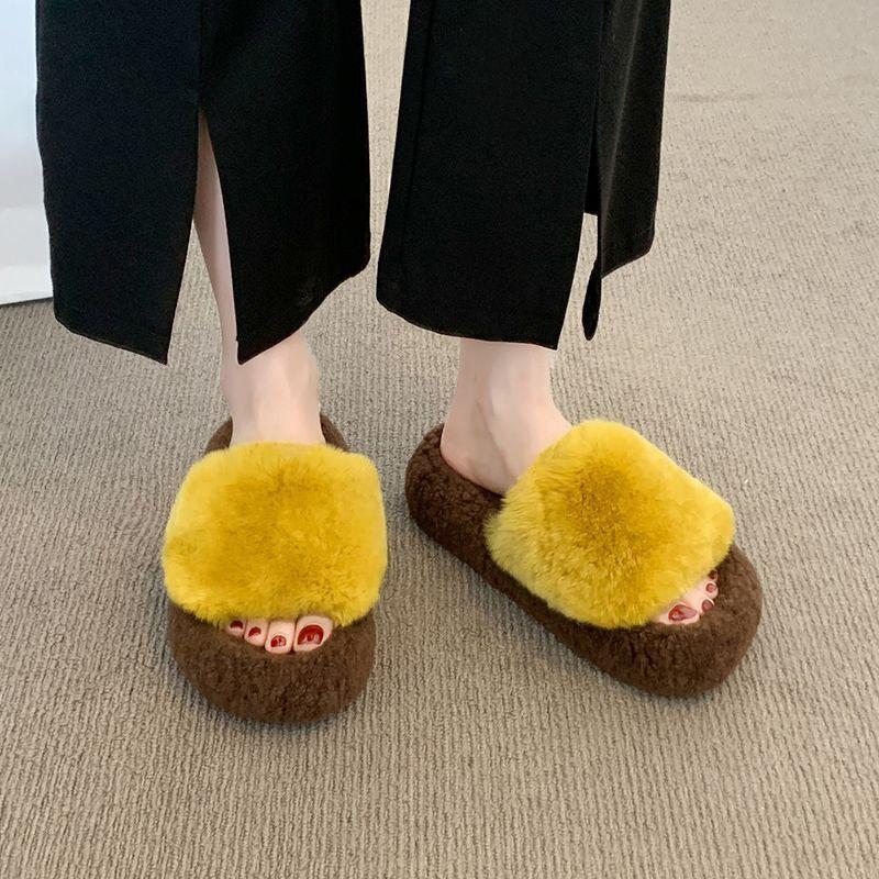 Fashion plush one-word cotton slippers 2025 autumn and winter new outer wear foreign style high value thin fluffy slippers women