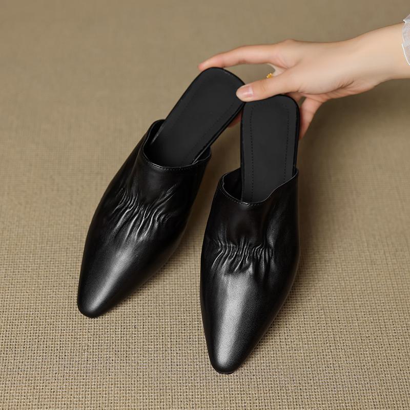 Fashion 2025 Summer Women Shoes Square Toe Low-heel Shoes Slippers Retro Cowhide Leather Shoes for Women Casual Mules for Women Sandals