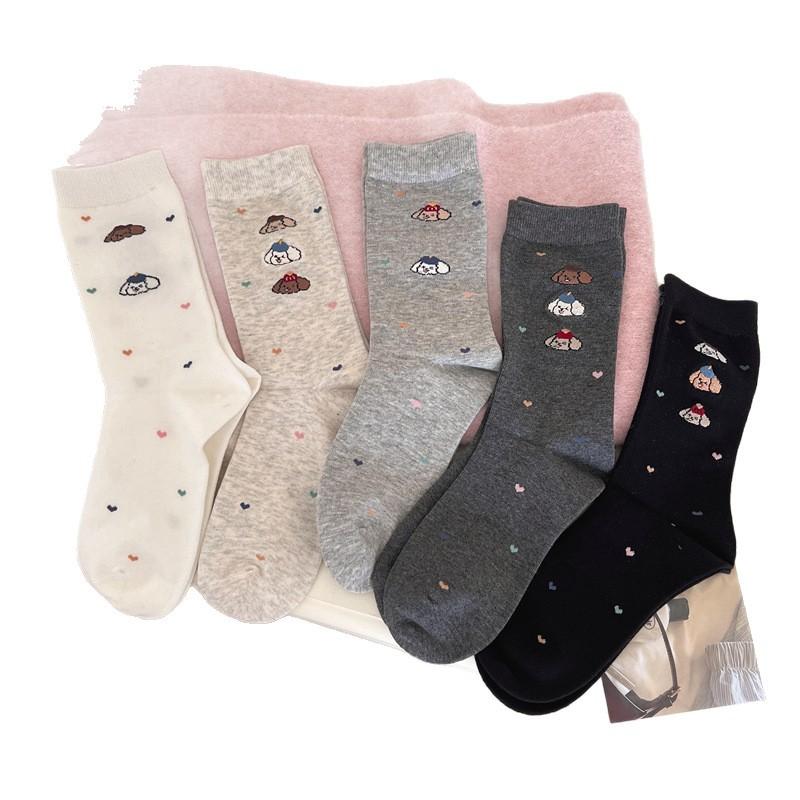 Little Dog Embroidered Socks, Pure Cotton Mid-calf Socks for Women, Boneless Anti-poughing, Cute Cartoon Pile Socks