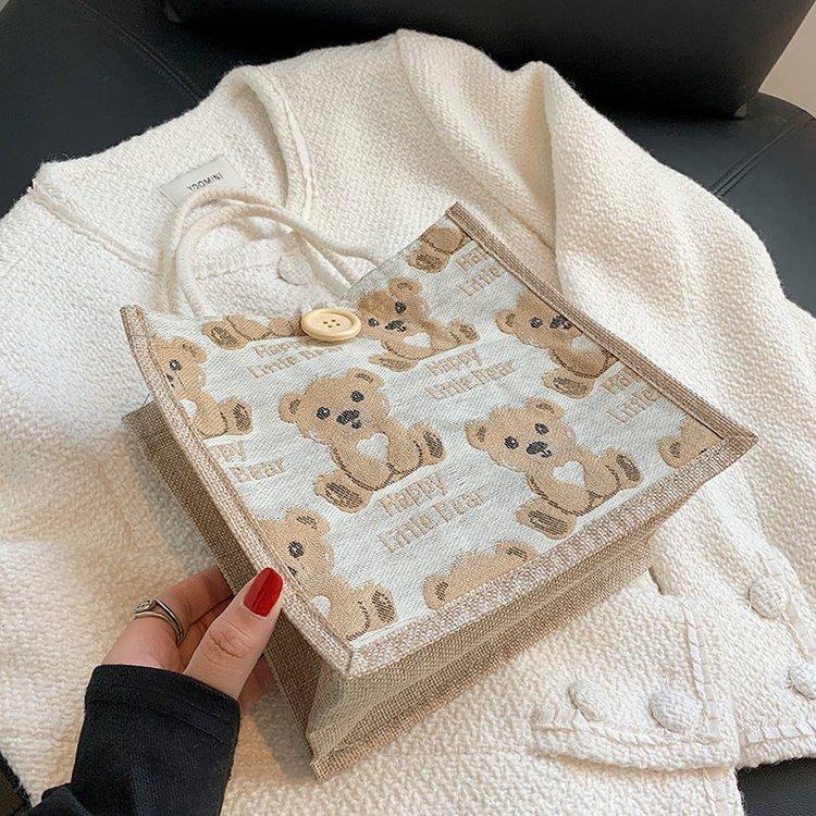 Bear linen tote bag women go out handbag small satchel student shoulder bag tide