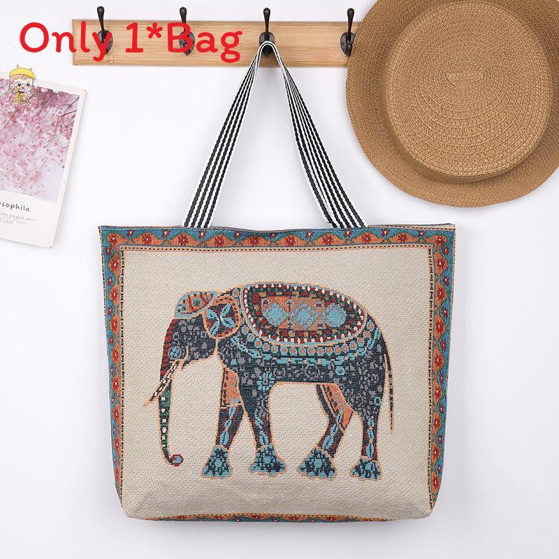 Elephant Hello Kitty Butterfly Embroidered Canvas Tote Bag With Seamed Stitching For Daily Use