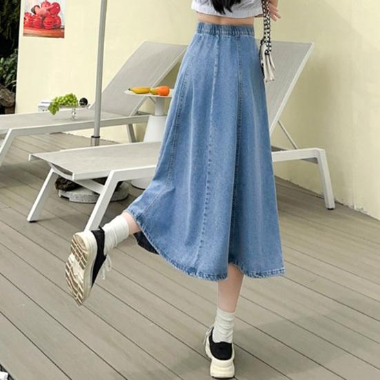 Denim Midi Skirt High Waist Button Zipper Fly A-Line Hem Skirt Solid Color Blue Skirt Office Lady Denim Skirt Daily Wear