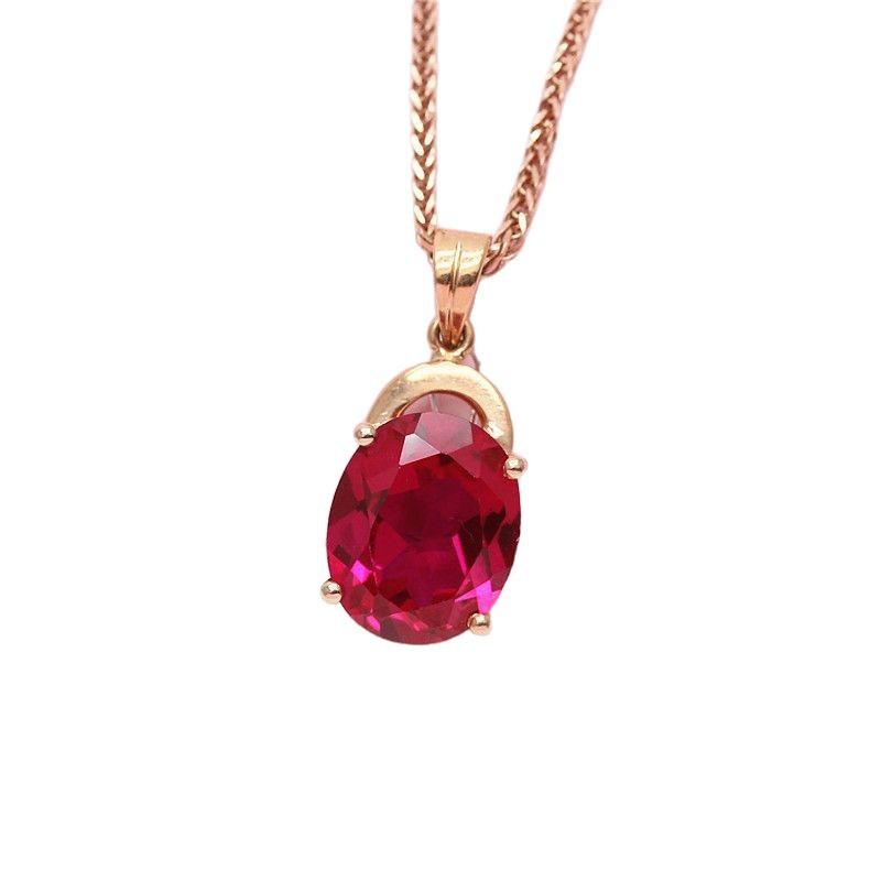 Exquisite Russian 585 Purple Gold Classic Red Stone Collarbone Chain Fashionable Rose Gold Plated Oval Women'S Pendant