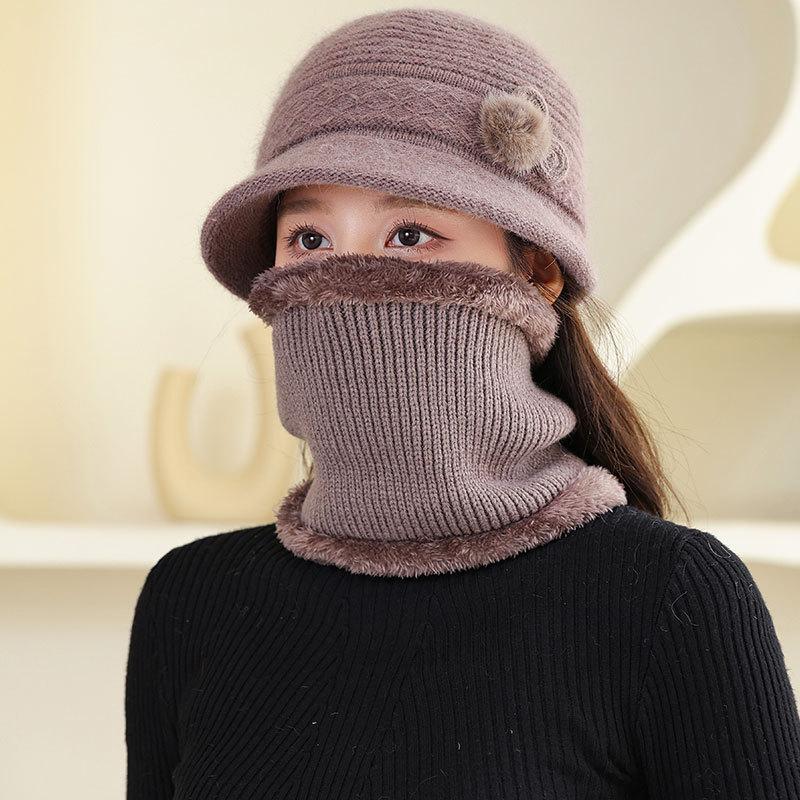 Fleece Warm Hat Ladies Mom Rabbit Plush Fashion Knitted Scarf Basin Hat Winter Grandma Windproof Hat