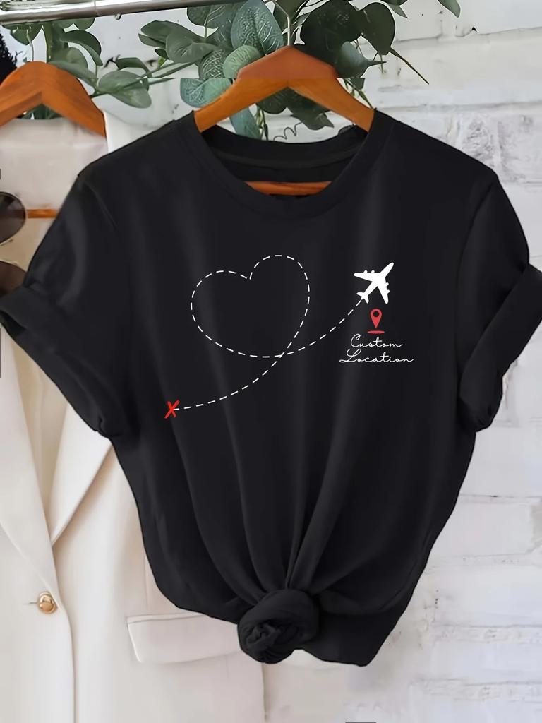 Graphic White with Accents Summer Spring Vacation Beachwear Airplane Graphic Women's Casual Sleeve Crew Neck Airplane Travel